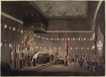 Restos de Lord Viscount Nelson en estado en la Cámara Pintada en el Hospital de Greenwich, grabado por M. Merigot, 1806